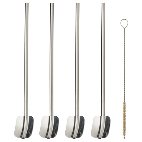 Silver LUFTTÄT straws and brush set, stainless steel, eco-friendly, includes cleaning tool.