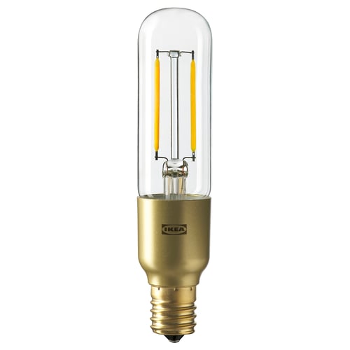 Ikea LUNNOM led bulb, clear, gold base, retro style with visible filament, energy-efficient.