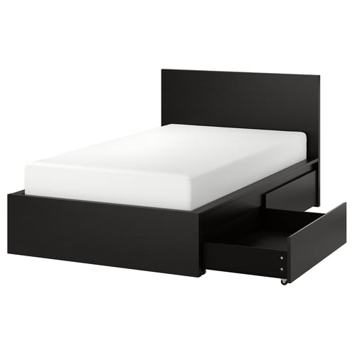 This image shows a black MALM bed with a white mattress, featuring a modern headboard, and two drawers for storage. It has a clean, minimalist design.