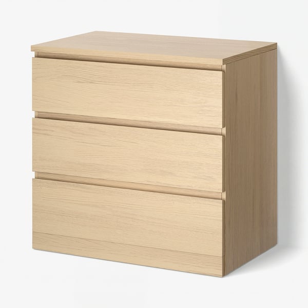 MALM Chest of 3 drawers, white stained oak veneer, 80x78 cm