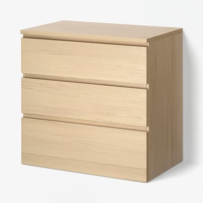 MALM Chest of 3 drawers, white stained oak veneer, 80x78 cm