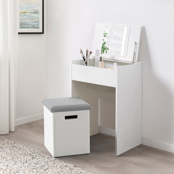 White MALMSLÄTT dressing table with mirror top & storage, includes stool.