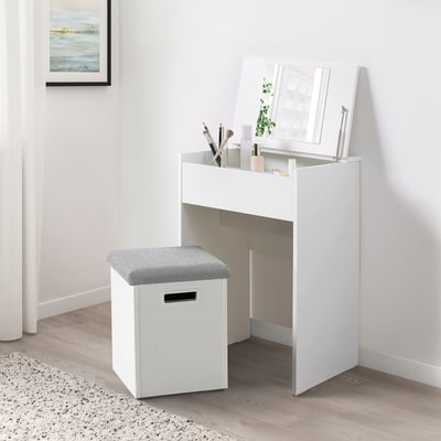 White MALMSLÄTT dressing table with mirror top & storage, includes stool.