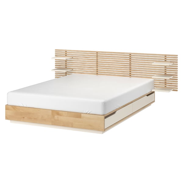MANDAL Bed frame with headboard, birch/white, 140x200 cm