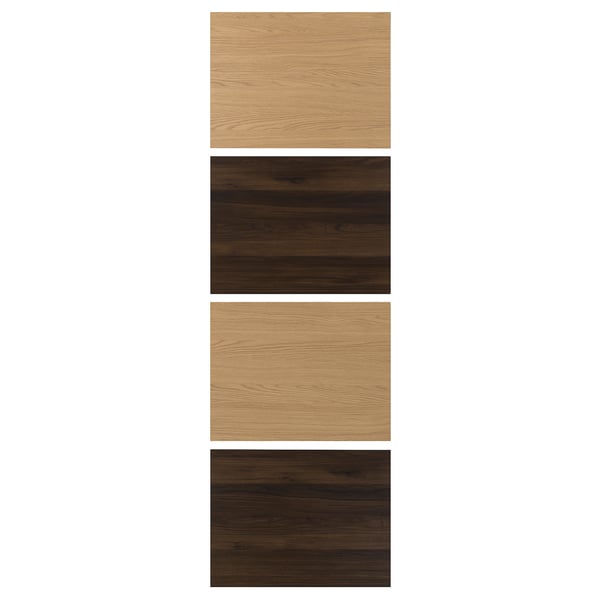 Four wooden panels arranged in two rows of two, top and bottom pairs are light brown, middle pair is dark brown.