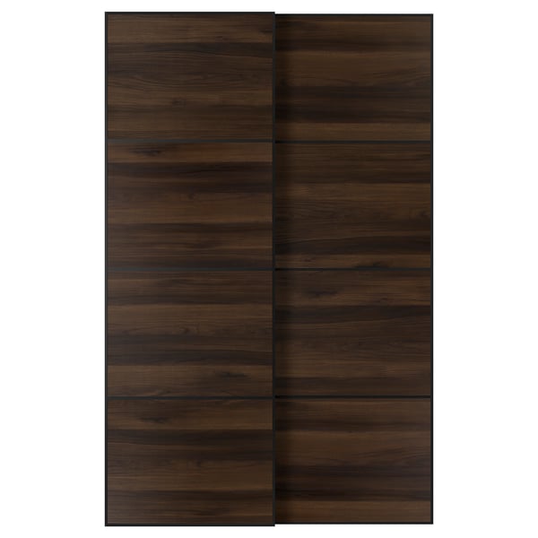 MEHAMN Pair of sliding doors, black/double sided dark brown oak effect, 150x236 cm