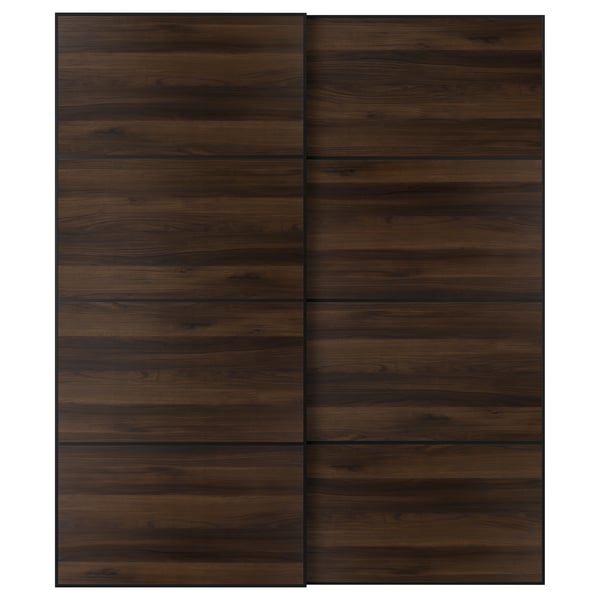 MEHAMN Pair of sliding doors, black/double sided dark brown oak effect, 200x236 cm