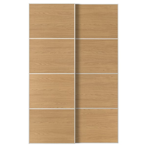 MEHAMN Pair of sliding doors, white/double sided oak effect, 150x236 cm