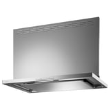Modern stainless steel wall-mounted range hood with straight lines and built-in lighting.