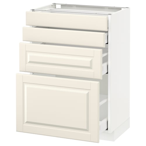A METOD kitchen cabinet in off-white with bevelled edges, featuring multiple drawers and a door. Its primarily made of fiberboard and particleboard.