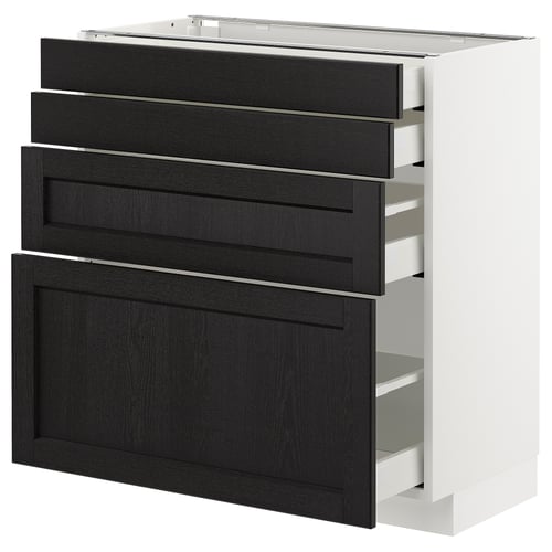 A METOD kitchen cabinet in white with black stained lerhyttan drawers, featuring a traditional design with bevelled edges.