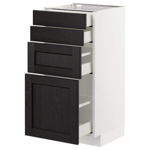 A white METOD kitchen cabinet with black stained ash drawers and doors. It three drawers and a door with bevelled edges.