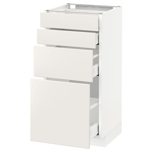 White kitchen cabinet with three drawers and one door.