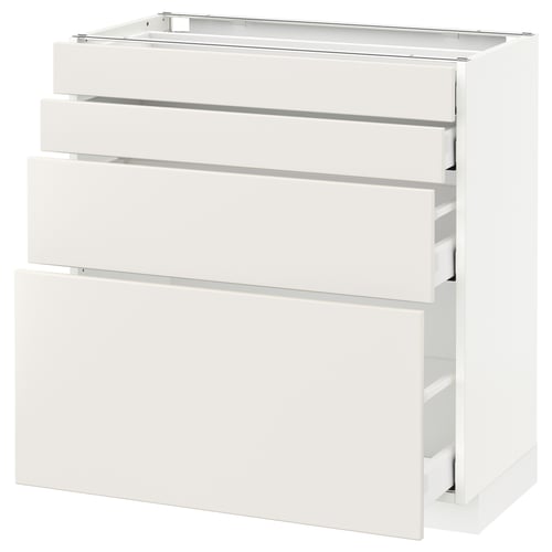 A white METOD kitchen cabinet with three drawers and a top shelf. The design is modern and minimalist.