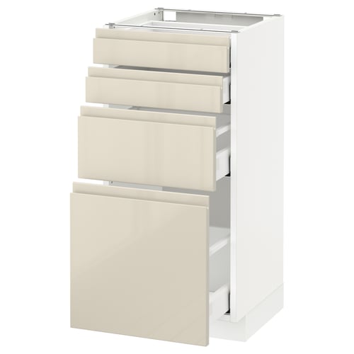 An off-white, glossy beige kitchen cabinet unit with multiple drawers, featuring a sleek, modern design with integrated handles.