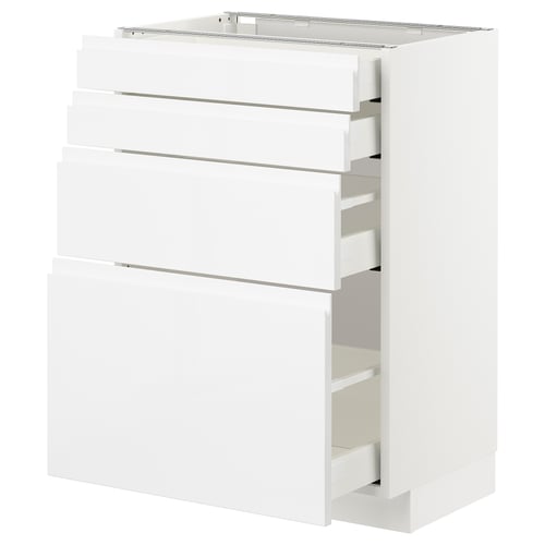 White kitchen cabinet, modern design with glossy finish, featuring three large drawers.