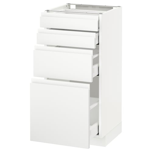 A sleek white METOD kitchen cabinet with three drawers and one big drawer, matte finish, rectangular shape.