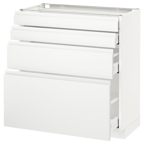 Modern white kitchen cabinet with four drawers. Sleek, minimalist design. Quality, durable materials.