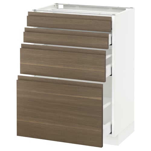 Modern white kitchen cabinet with dark walnut drawers, sleek and minimalist.