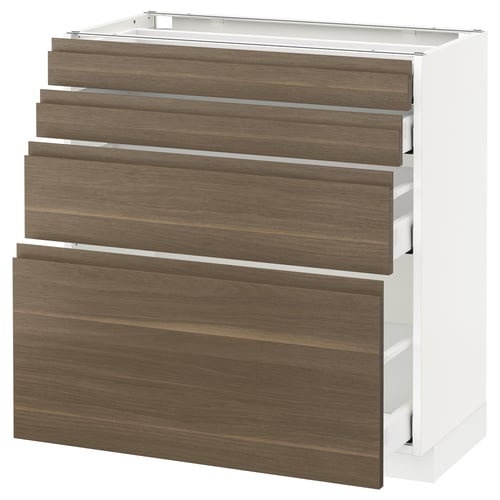 Modern kitchen unit with dark walnut effect drawers.