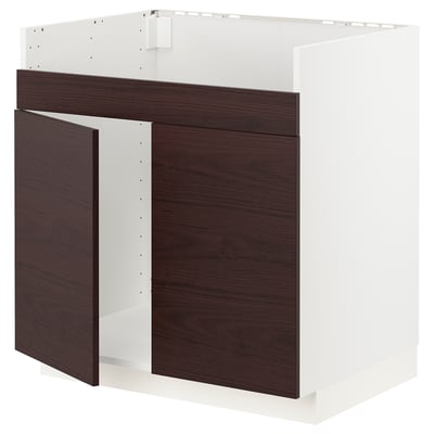 METOD Base cab f HAVSEN double bowl sink, white Askersund/dark brown ash effect, 80x60x80 cm