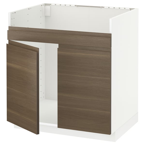 METOD Base cab f HAVSEN double bowl sink, white/Voxtorp walnut effect, 80x60x80 cm