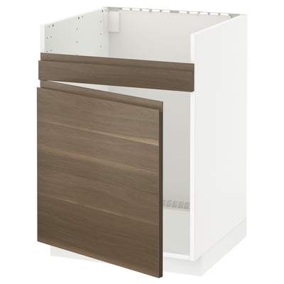 METOD Base cab f HAVSEN single bowl sink, white/Voxtorp walnut effect, 60x60x80 cm