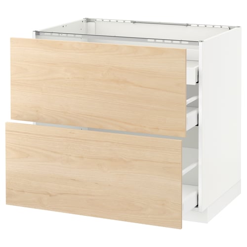 White and light wood cabinet with two drawers.