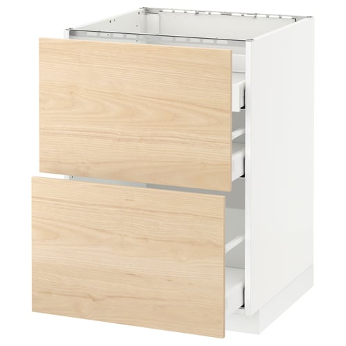 White kitchen cabinet with light wood drawers. Modern, minimalist design.