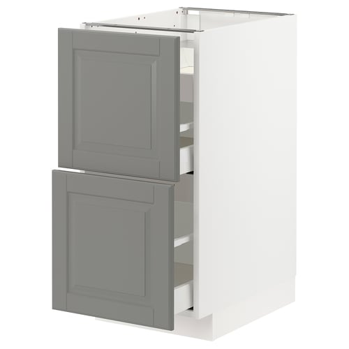 Ikea METOD kitchen cabinet, grey, square, with two open drawers.