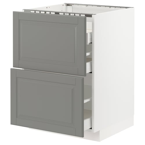 Modern grey kitchen cabinet with two drawers, sleek design, durable materials.