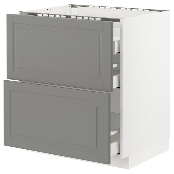 METOD Base cab f hob/2 fronts/3 drawers, white Maximera/Bodbyn grey, 75x60x80 cm