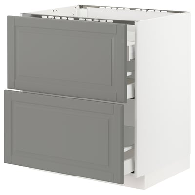 METOD Base cab f hob/2 fronts/3 drawers, white Maximera/Bodbyn grey, 75x60x80 cm