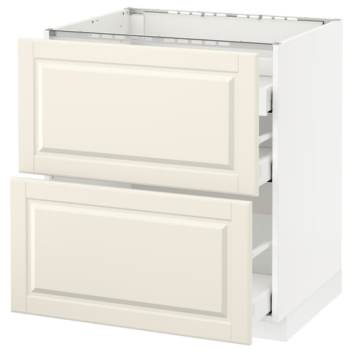 White kitchen cabinet, METOD system, off-white bodbyn fronts, bevelled edges, soft-close drawers, modern classic design.