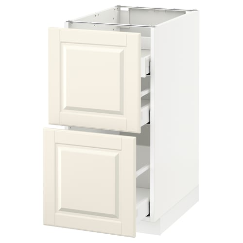 An off-white kitchen cabinet, METOD kitchen system with bodbyn fronts and bevelled edges, featuring smooth-running drawers.