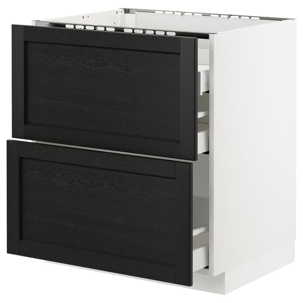 METOD Base cab f hob/2 fronts/3 drawers, white Maximera/Lerhyttan black stained, 75x60x80 cm