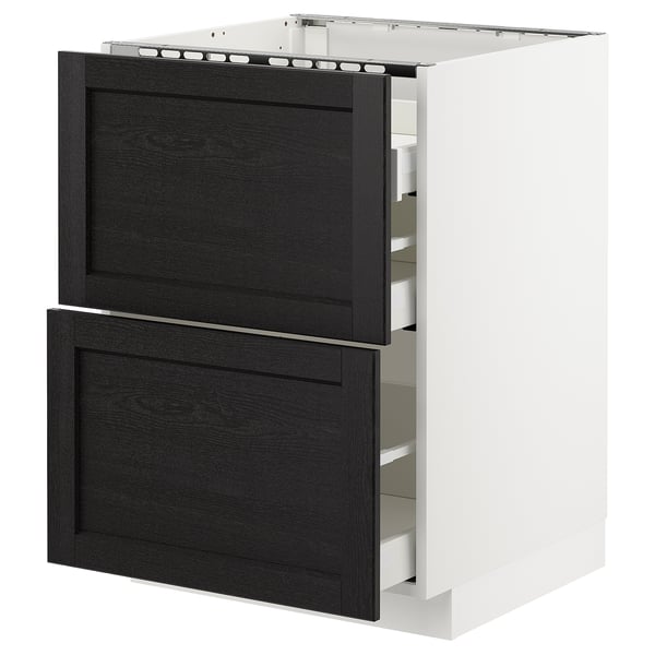 METOD Base cab f hob/2 fronts/3 drawers, white Maximera/Lerhyttan black stained, 60x60x80 cm