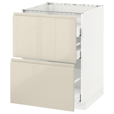 METOD Base cab f hob/2 fronts/3 drawers, white Maximera/Voxtorp high-gloss light beige, 60x60x80 cm