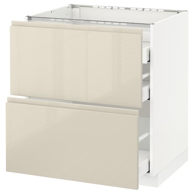 METOD Base cab f hob/2 fronts/3 drawers, white Maximera/Voxtorp high-gloss light beige, 75x60x80 cm
