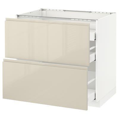 METOD Base cab f hob/2 fronts/3 drawers, white Maximera/Voxtorp high-gloss light beige, 90x60x80 cm