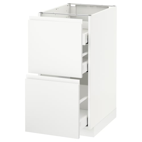 A white METOD kitchen cabinet with two drawers and a door, featuring a modern design with integrated handles.
