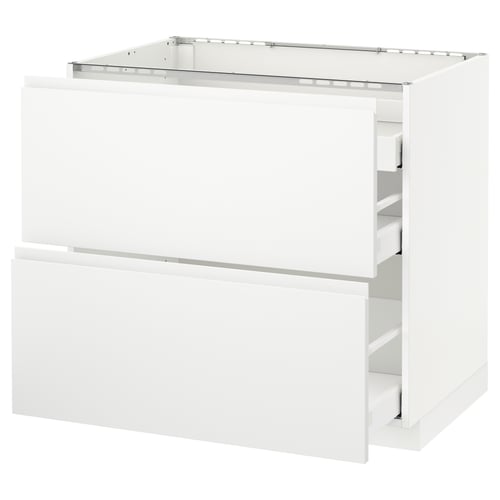 White METOD kitchen unit with two drawers and integrated handles.