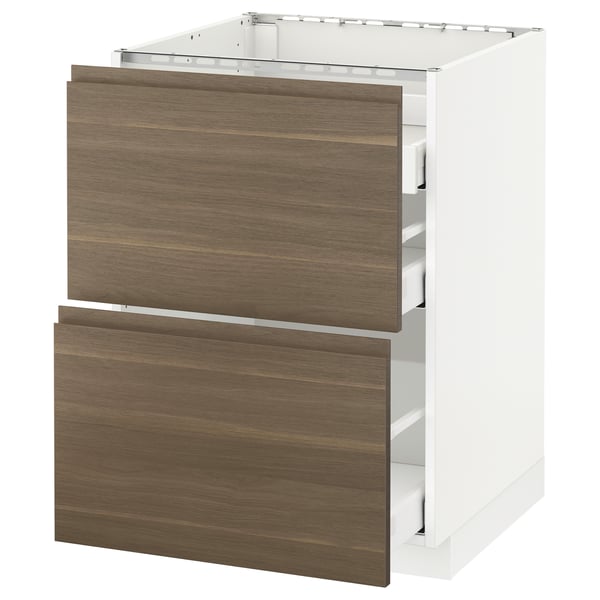 METOD Base cab f hob/2 fronts/3 drawers, white Maximera/Voxtorp walnut, 60x60x80 cm