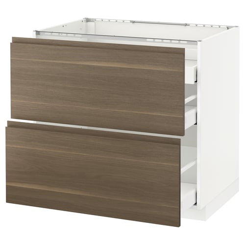 Ikea METOD kitchen unit, dark walnut, wood grain, white frame, two drawers.