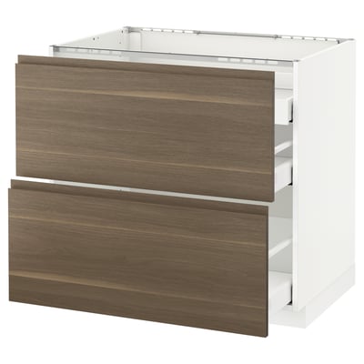METOD Base cab f hob/2 fronts/3 drawers, white Maximera/Voxtorp walnut, 90x60x80 cm