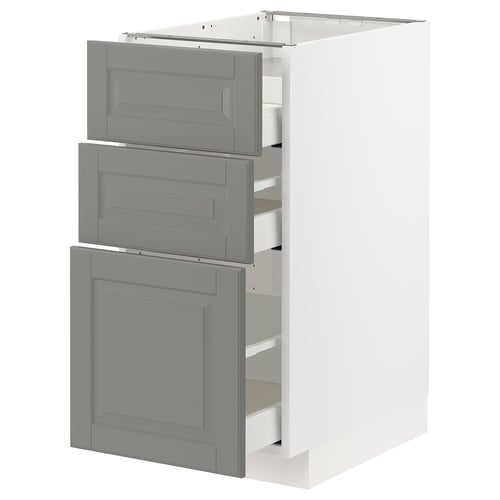 METOD kitchen unit with grey bevelled drawers and white cabinet, modern design.