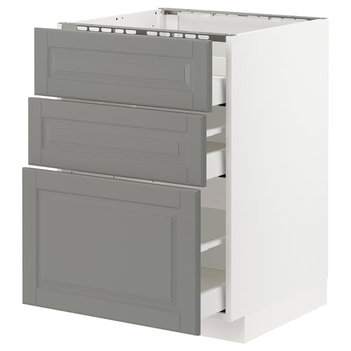 METOD kitchen cabinet, grey, three drawers, white frame, modern design.
