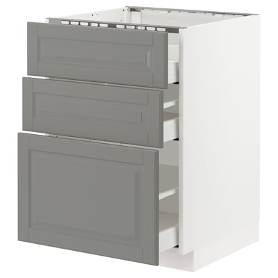 METOD Base cab f hob/3 fronts/3 drawers, white Maximera/Bodbyn grey, 60x60x80 cm