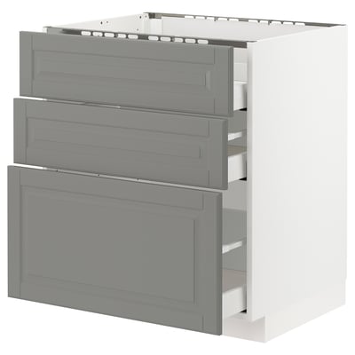 METOD Base cab f hob/3 fronts/3 drawers, white Maximera/Bodbyn grey, 75x60x80 cm