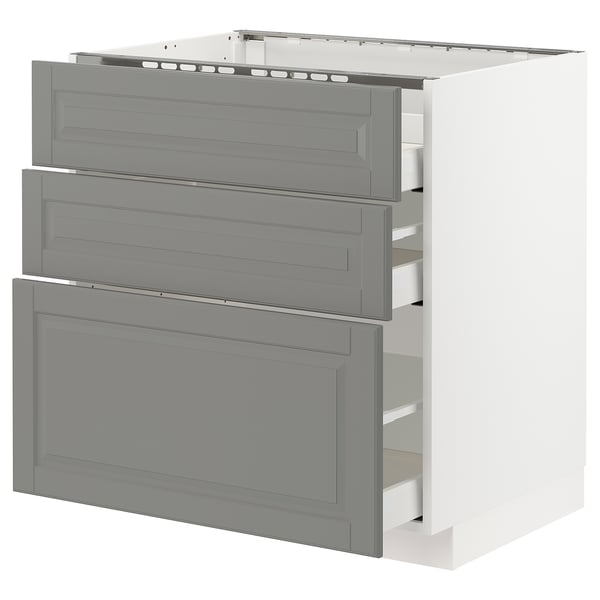 METOD Base cab f hob/3 fronts/3 drawers, white Maximera/Bodbyn grey, 80x60x80 cm